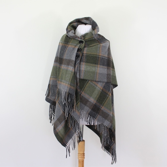 New Italy Wool Poncho Wrap Plaid Blue Green Gray - Picture 4 of 9